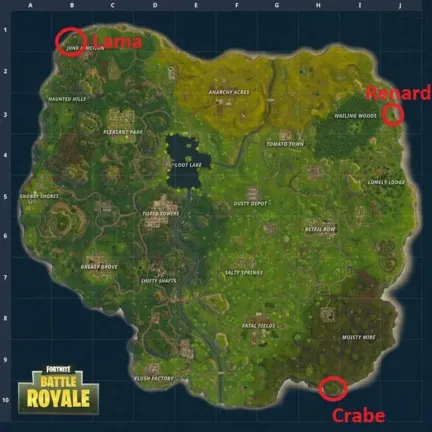 Fortnite Trouver un lama, un renard et un crabe - Saison 3