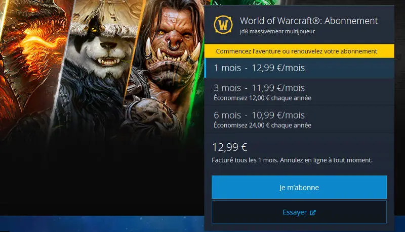 Abonnement Wow - prix abonnement World Of Warcraft