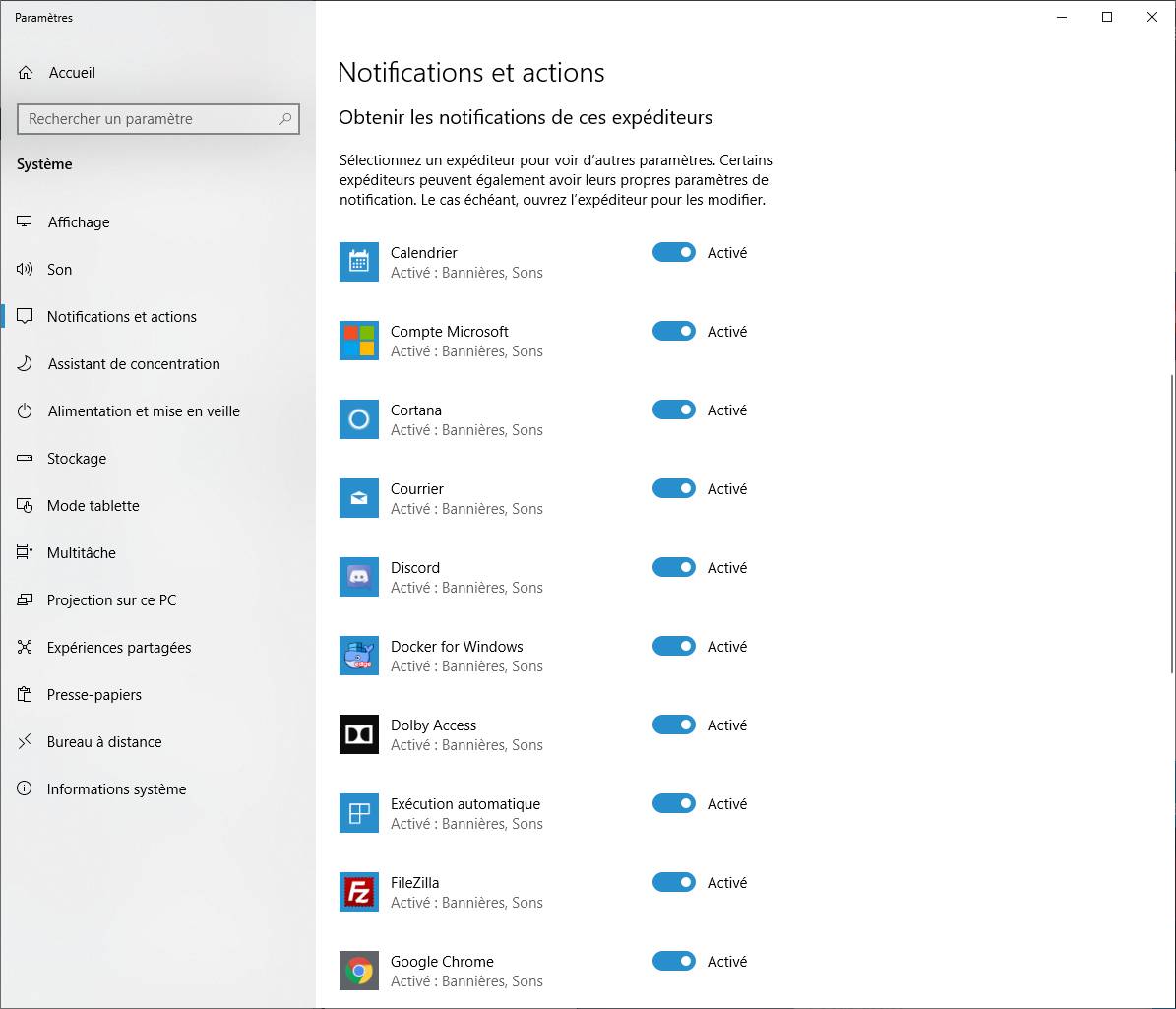 Désactiver les notifications Windows 10 par application