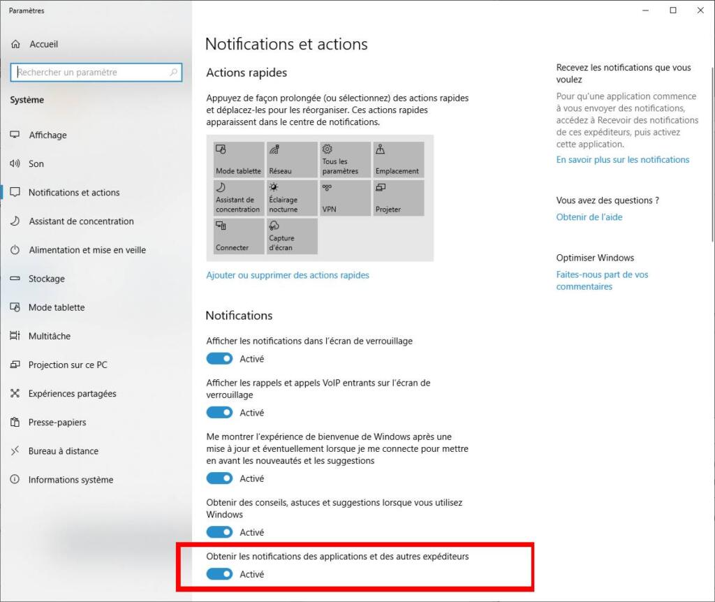 Windows 10 - Désactiver Obtenir les notifications des applications et des autres expériteurs
