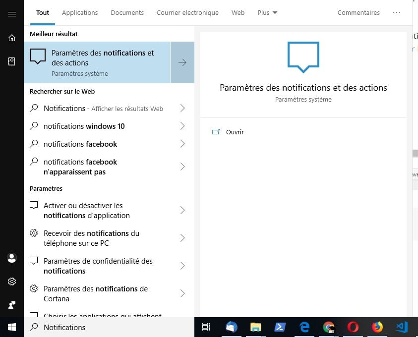 Windows 10 - lancez Paramètres des notifications et des actions