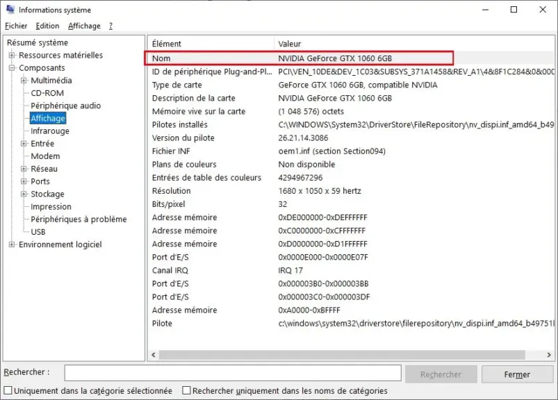 afficher le nom de votre GPU sous windows 10