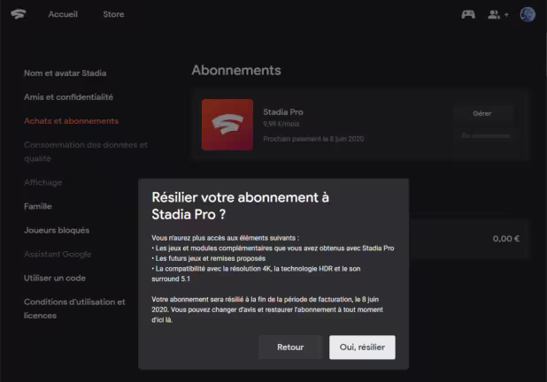 Annuler abonnement Stadia