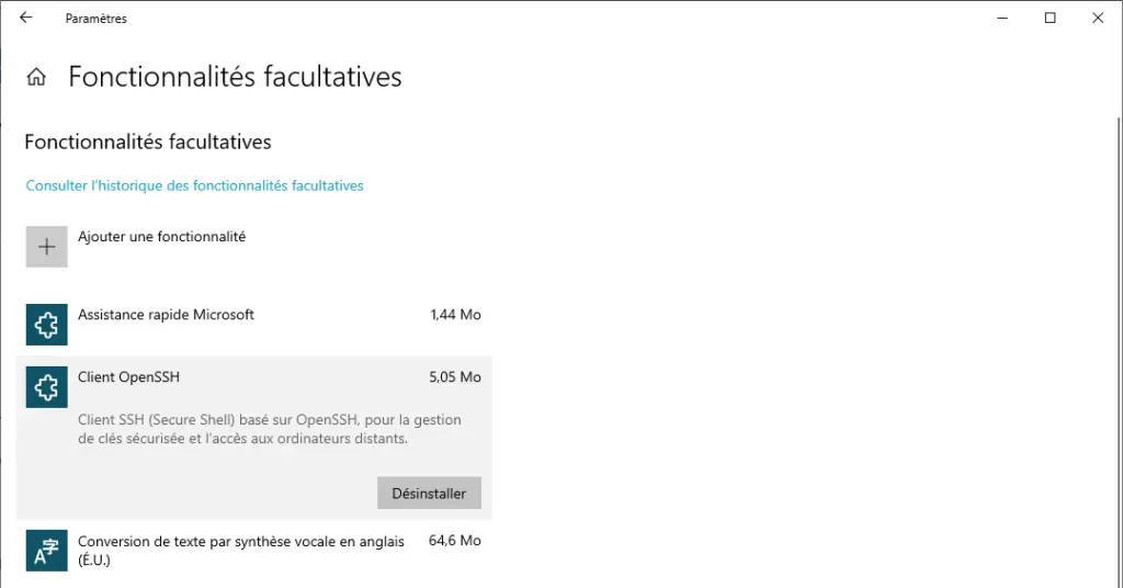 installer le Client OpenSSH intégré de Windows 10