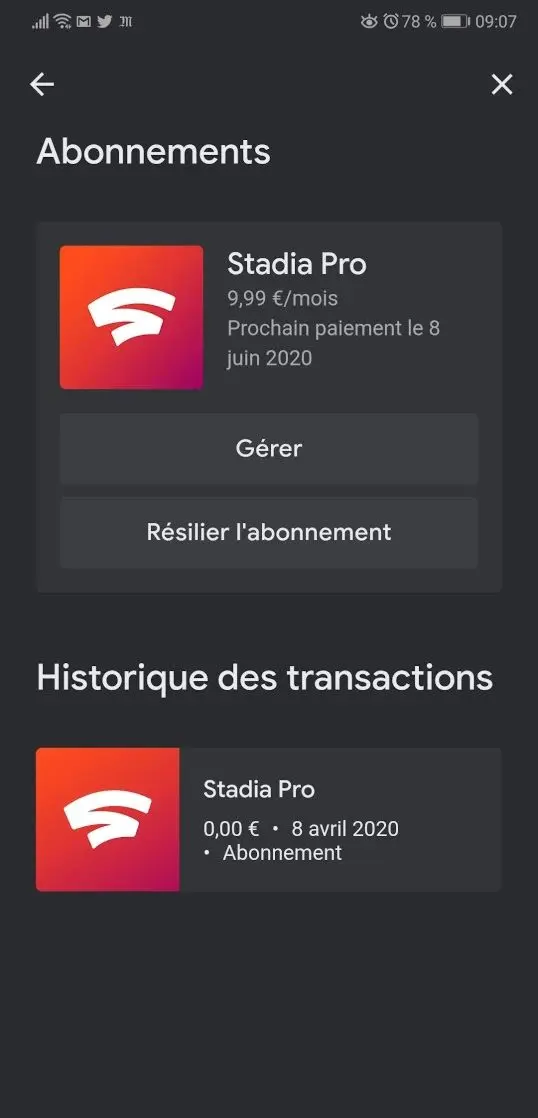 Etape 2 - résilier abonnement Stadia Pro sur mobile - étape 2