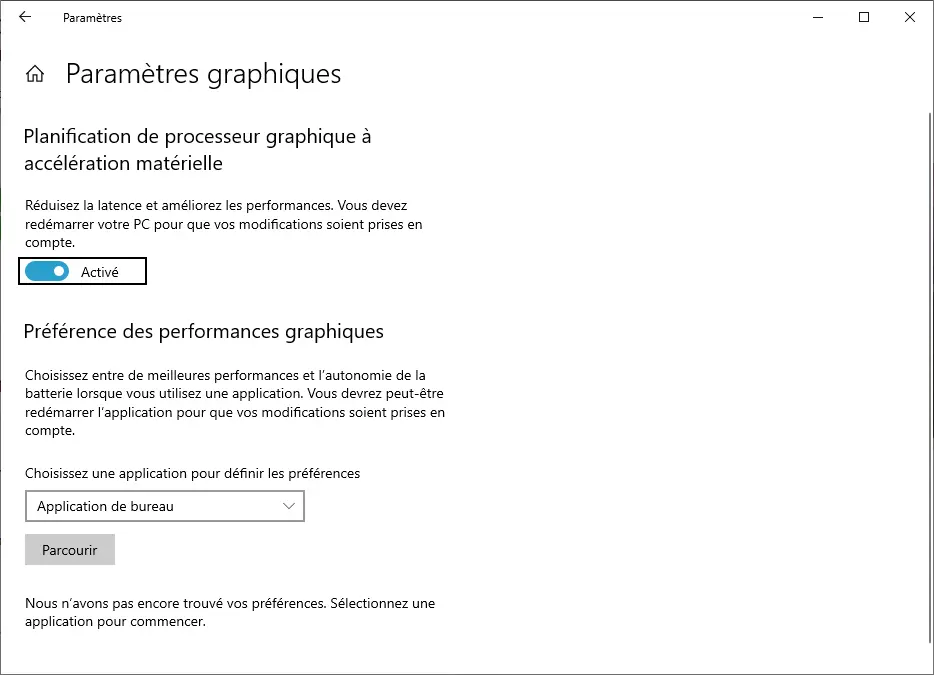 Planification GPU Windows 10- activer le paramètre