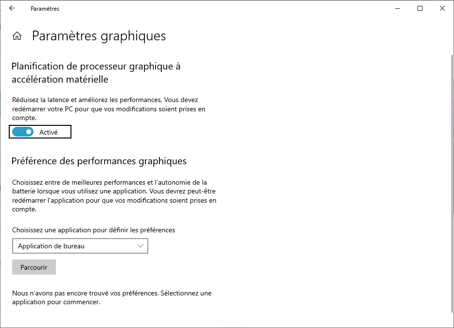 Planification GPU Windows 10- activer le paramètre