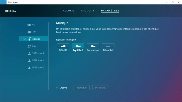 réglages Musique - Dolby Access