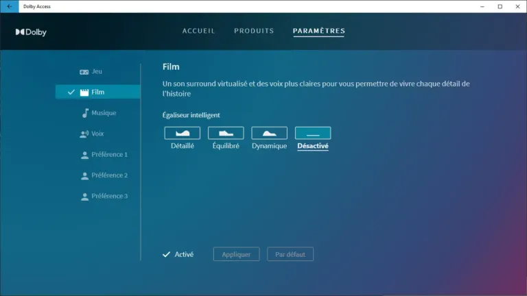 réglages film - Dolby Access