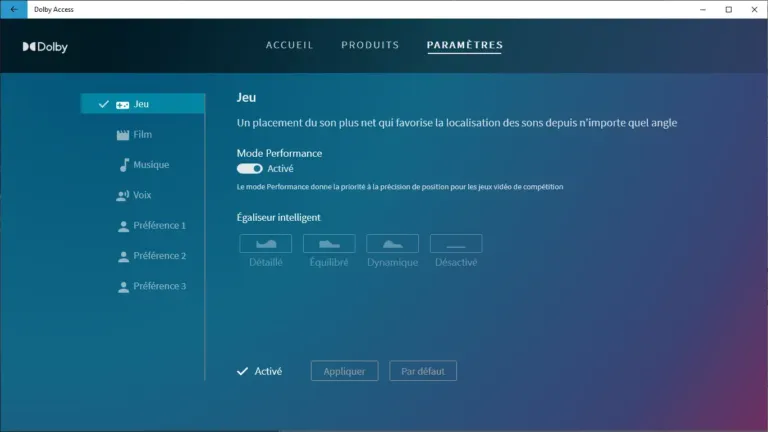 réglages jeu - Dolby Access