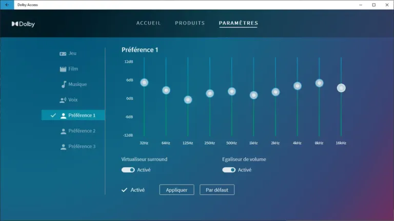 réglages préférence et égaliseur - Dolby Access