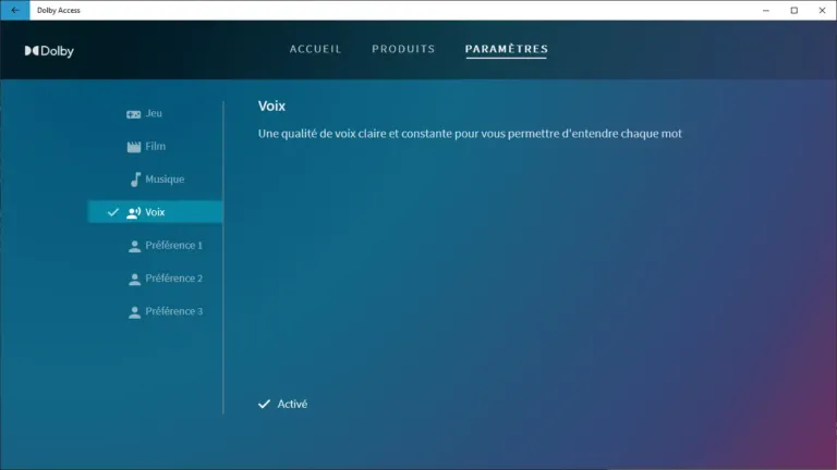 réglages voix - Dolby Access