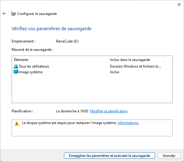 Confirmer la sauvegarde de Windows 11