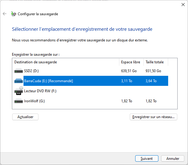 Sélectionner un emplacement pour la sauvegarde de Windows 11