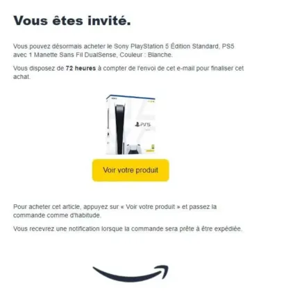 Invitation vente PS5 sur Amazon