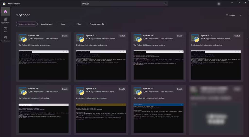 Installer Python sur Windows 11 avec le Microsoft Store
