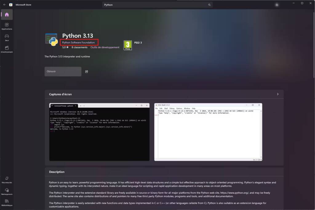 Vérifier editeur de Python dans Microsoft Store