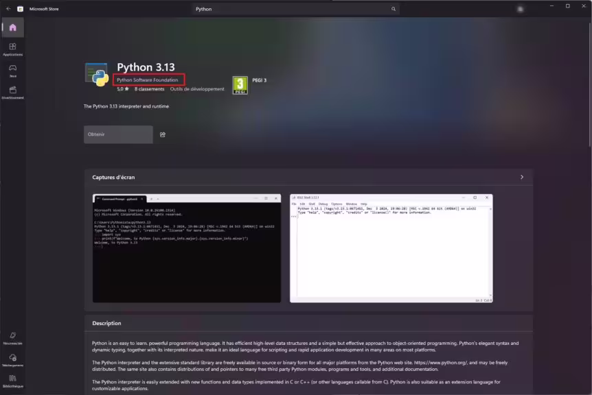 Vérifier editeur de Python dans Microsoft Store