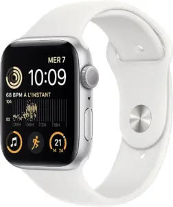 Apple Watch SE (2ᵉ génération) (GPS, 44mm) - Boîtier en Aluminium Argent, Bracelet Sport Blanc