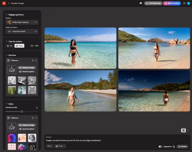 FireFly Image 3 Web Interface exemple génération jeune femme sur une plage paradisiaque