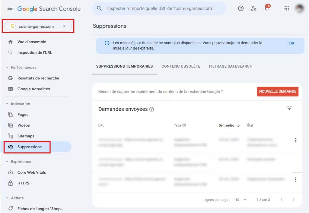 Google Search Console Accédez à l’outil Suppression