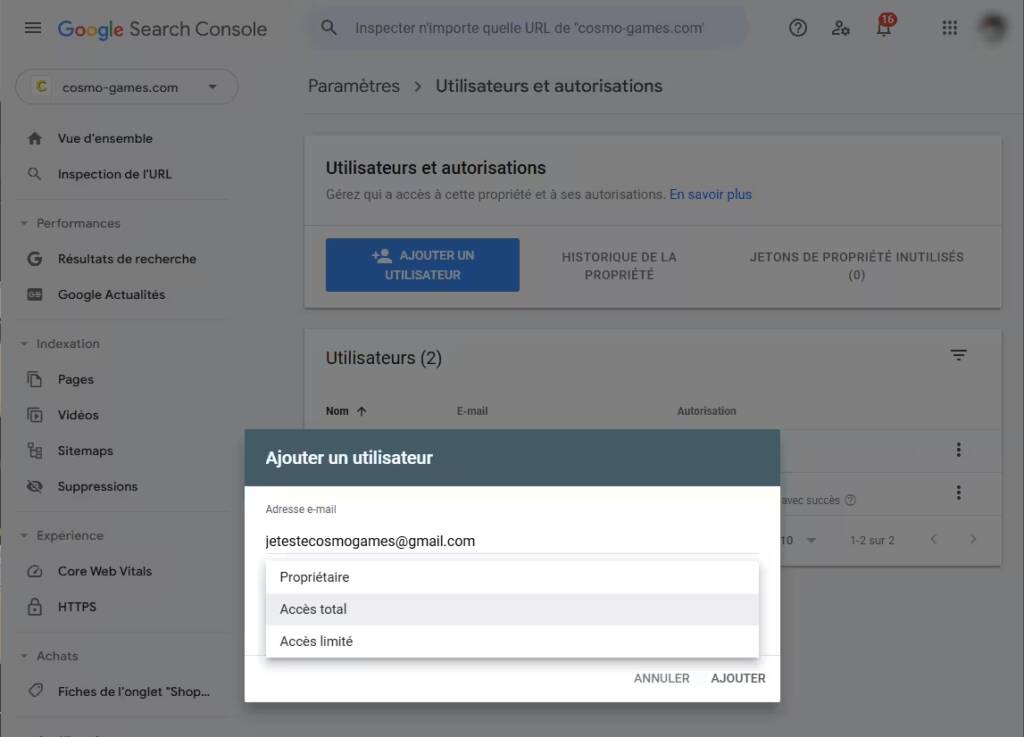 Google Search Console Ajouter un utilisateur