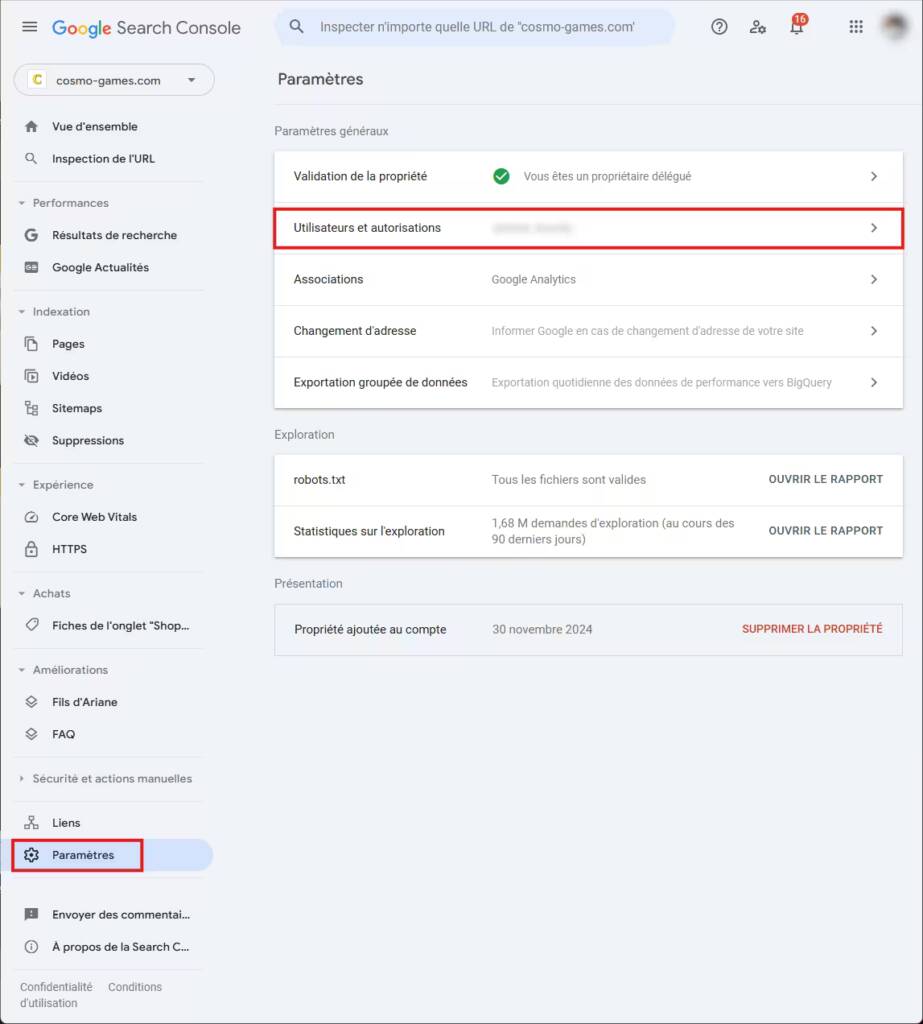 Google Search Console paramétres Utilisateurs et autorisations