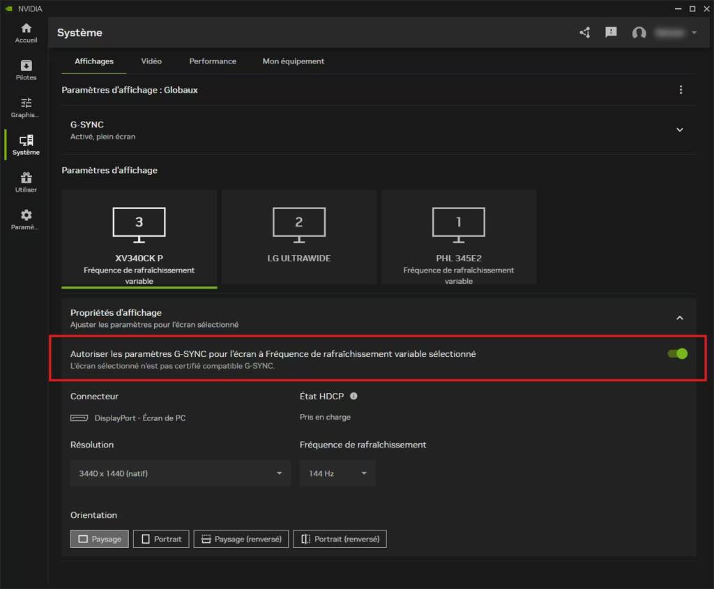 NVIDIA App autoriser les paramètres G-Sync pour la fréquence de rafraîchissement variable sur un écran