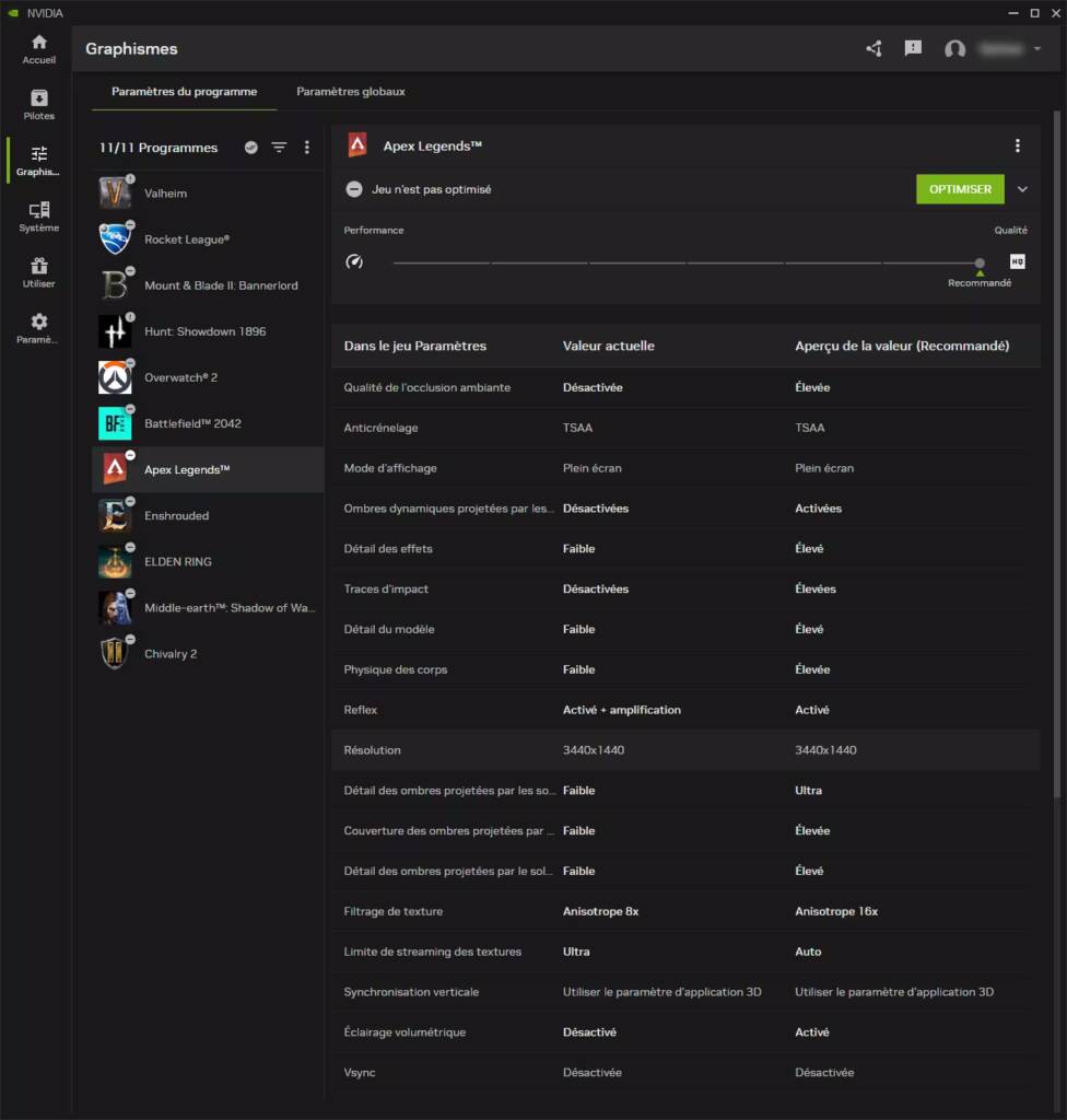 NVIDIA App optimisation pour chaque jeu