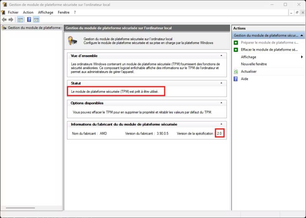 Vérifier activation et version du TPM sous windows 11