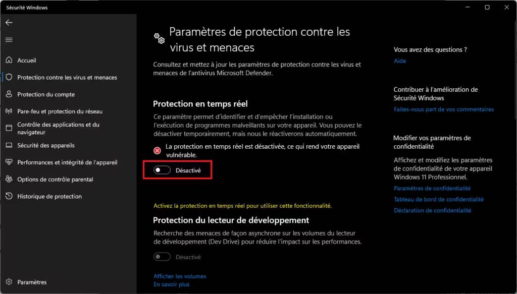 Windows 11 Désactivez la protection en temps réel