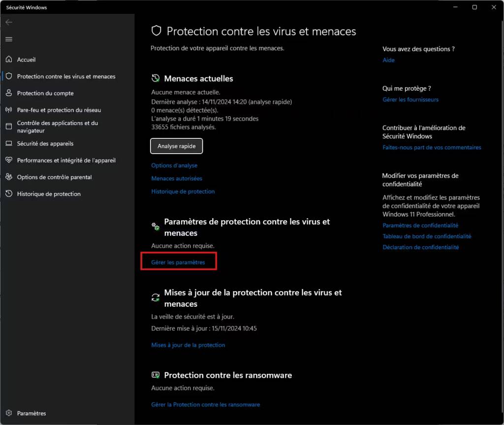 Windows 11 Paramètres de protection contre les virus et menaces