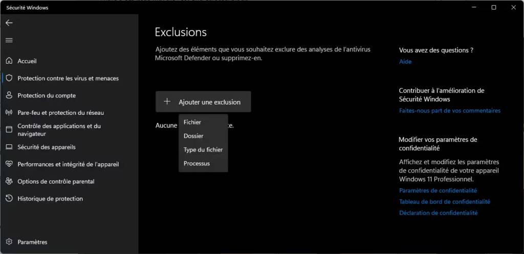 Windows Defender Ajoutez une exclusion