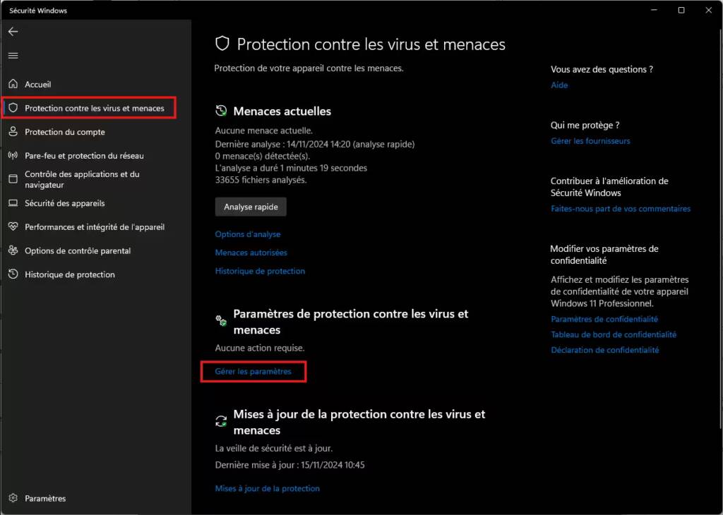 Windows Defender Gérer les paramètres sous Paramètres de protection contre les virus et menaces