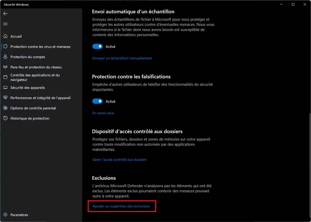 Windows Defender gestion des exclusions