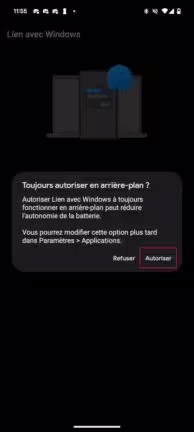 Android autoriser application Lien avec Windows de fonctionner en arrière plan