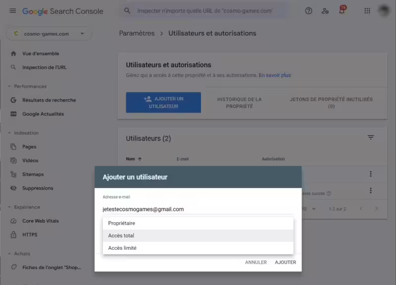 Google Search Console Ajouter un utilisateur