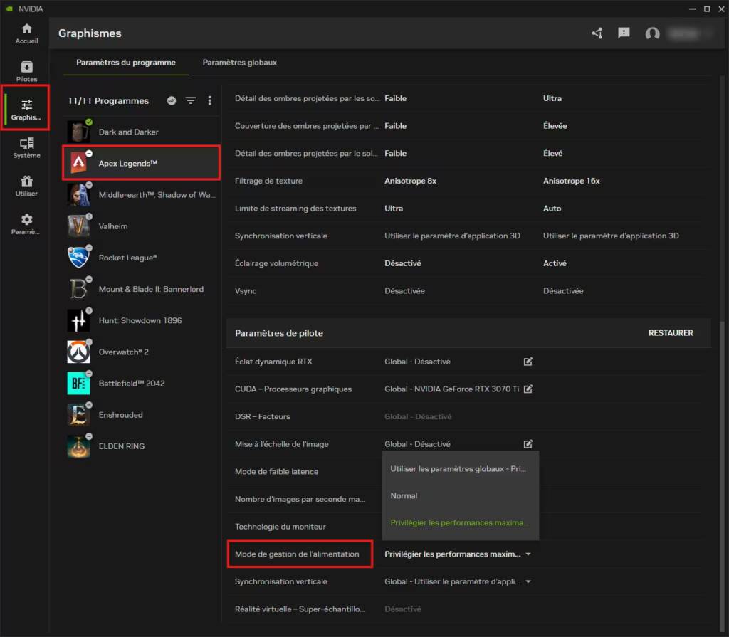 Nvidia App changer mode d’alimentation pour un jeu