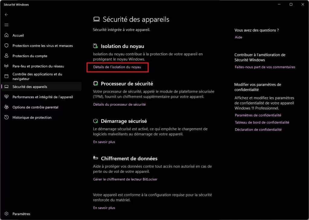 Windows 11 Isolation du noyau