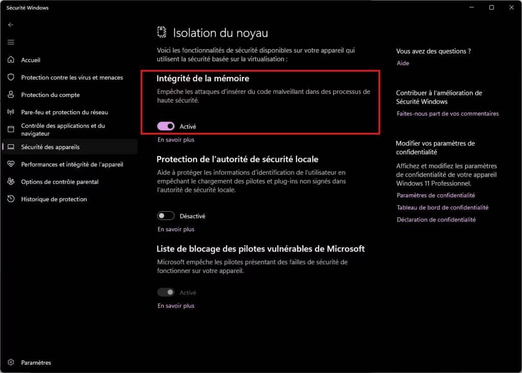 Windows 11 désactiver intégrité de la mémoire