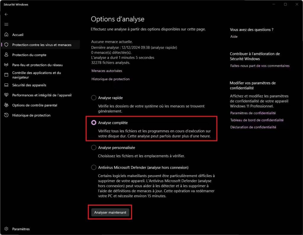 Windows 11 lancer une analyse complète avec Windows Defender