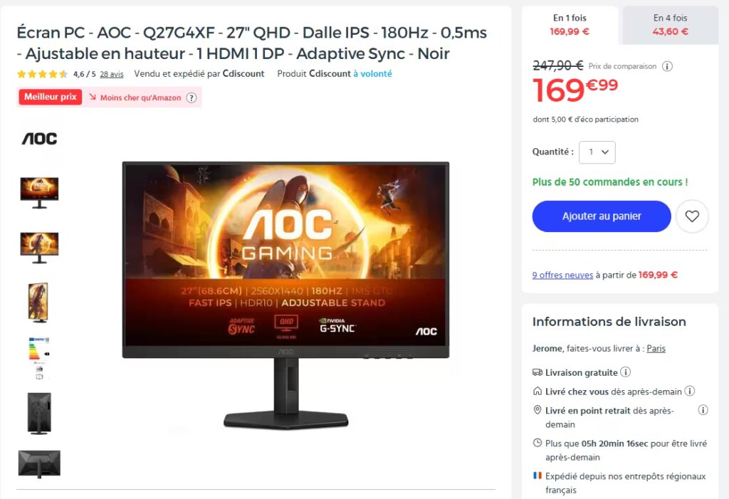 bon plan AOC Q27G4XF Cdiscount