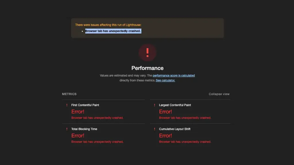 Browser tab has unexpectedly crashed lighthouse WordPress 68