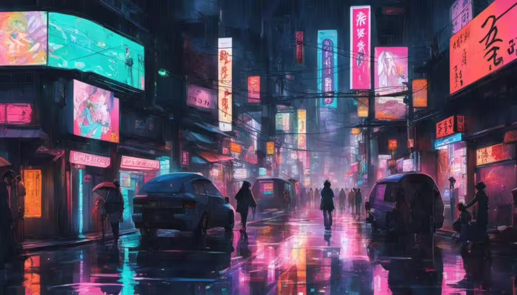 Prompt Scène de rue futuriste à Tokyo nuit néons colorés pluie ambiance cyberpunk
