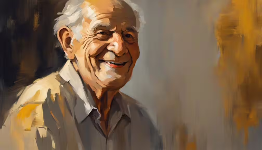 Vieil homme souriant lumière dorée du soir rideaux en arrière-plan style peinture impressionniste