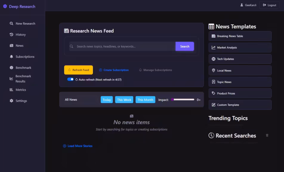 Local Deep Research interface web research news feed