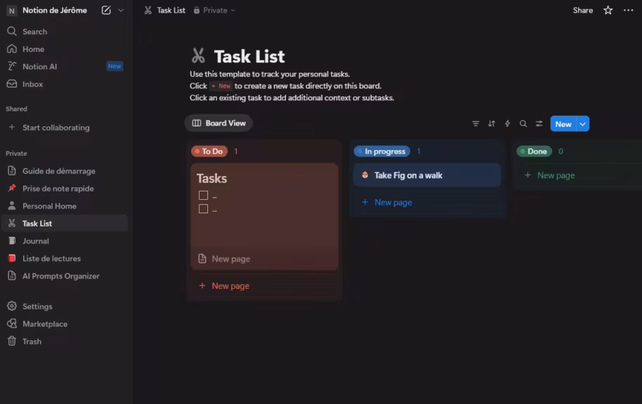 Notion interface des tâches