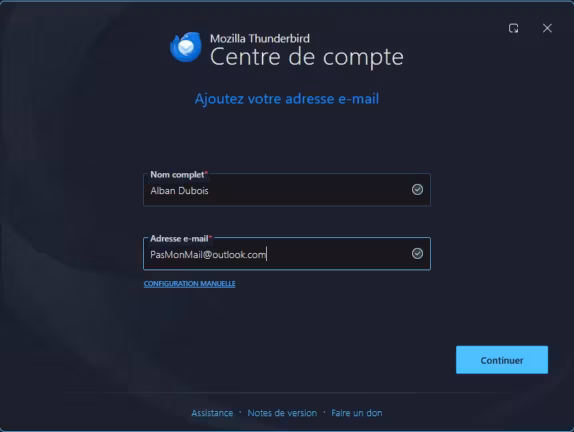 Thunderbird ajout de compte mail