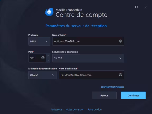 Thunderbird ajout de compte mail paramètre manuel